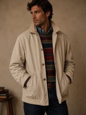 VTG Brandon Thomas Light Cream Work Jacket with Corduroy Collar
